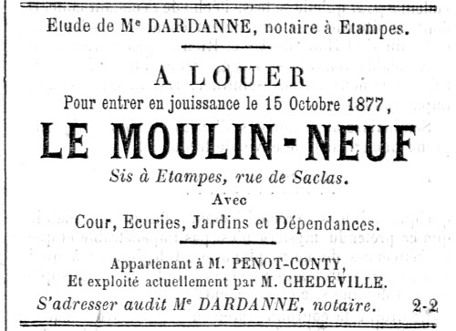 Mise en location du moulin Bont en octobre 1877