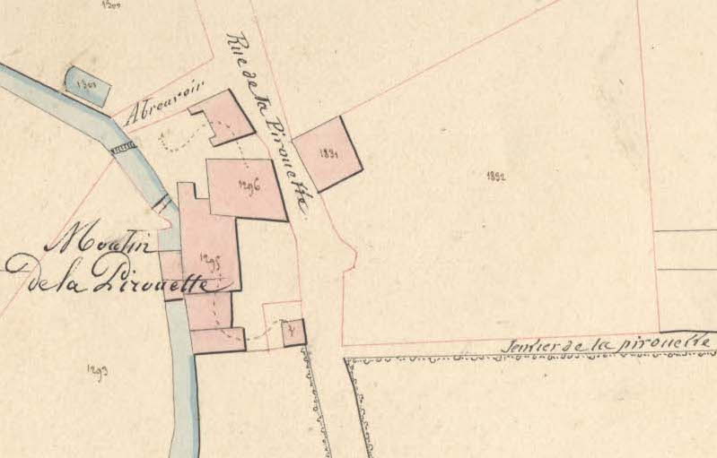 Le moulin de la Pirouette sur le plan du cadastre de 1827