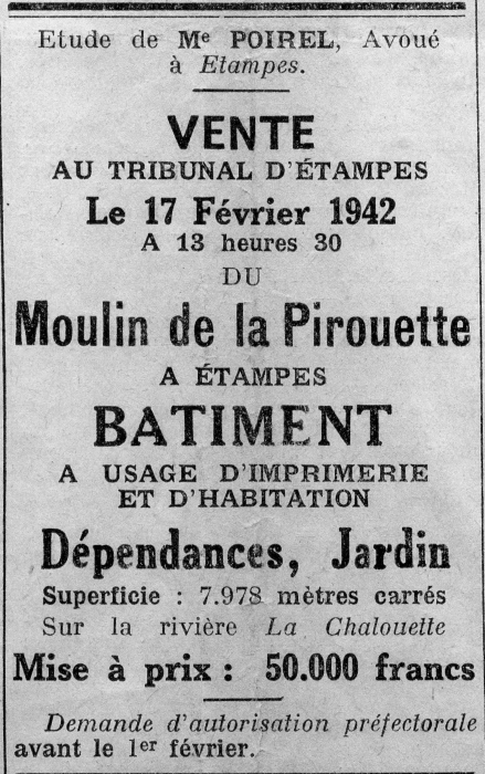 Vente du moulin en 1942 (Abeille d'Etampes)