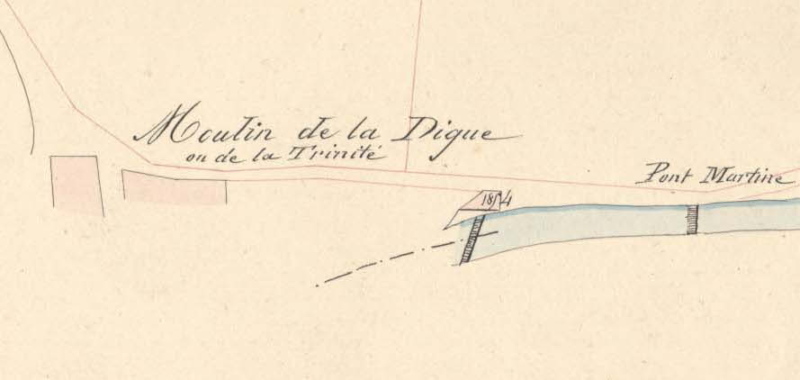 Le moulin de la Trinité ou de la Digue sur le plan du cadastre de 1827