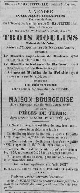 Mise en vente du moulin de la Trinité et des deux moulins Badran en octobre 1866