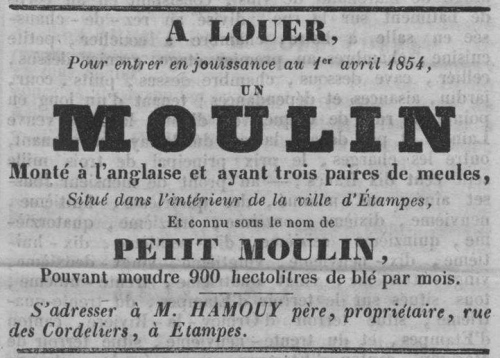 Mise en location du moulin Notre-Dame en 1853 (Abeille d'Etampes du 11 juin 1853)