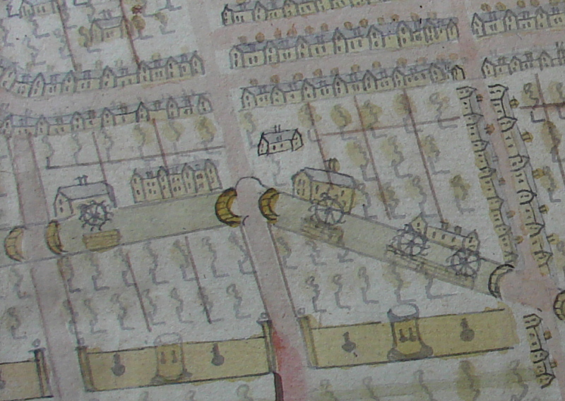 Croquis schématique du moulin de Vaujouan vers 1791 (registre desmutations, Archives municipales)