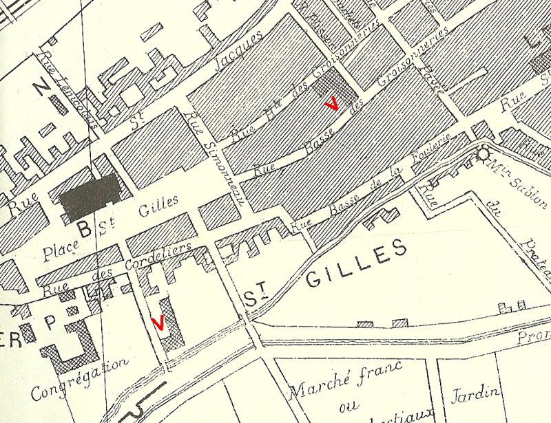 Les deux moulins à vapeur étampois sur le plan d'Étampes en 1881 par Léon Marquis