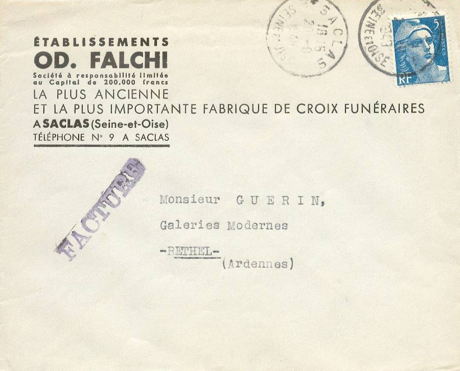 Enveloppe à entête des établissements Falchi de Saclas (1948)