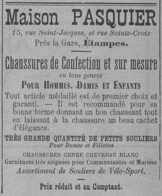 Réclame Pasquier dans l'Abeille d'Etampes du 3 juin 1899