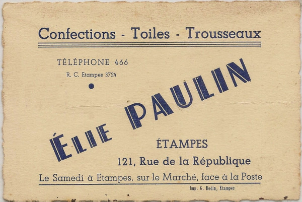 Carte publicitaire d'Elie Paulin