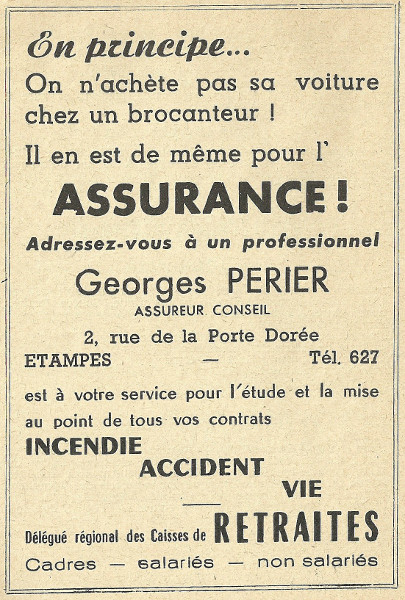 Réclame pour l'agence d'assurances de Georges Périer à Étampes en 1958