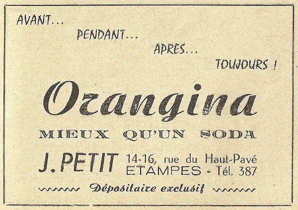 Réclame pour le débit de bière de J. Petit à Étampes en 1958