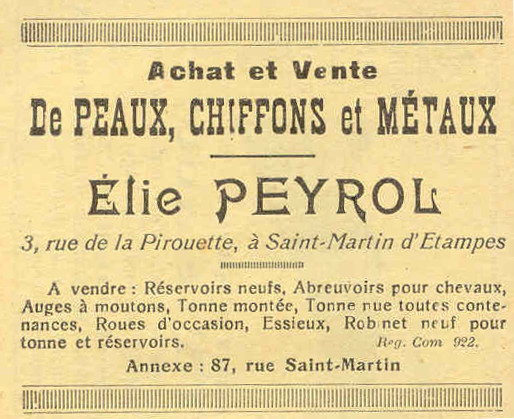 Réclame pour l'entreprise d'Elie Peyrol, chiffonnier à Etampes en 1925