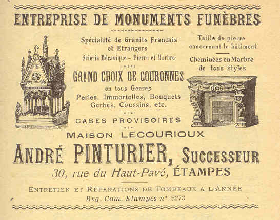 Entreprise de monuments funèbres d'André Pinturier, marbrier à Etampes en 1925