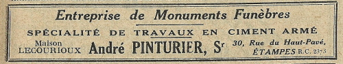 Entreprise de monuments funèbres d'André Pinturier, marbrier à Etampes en 1935