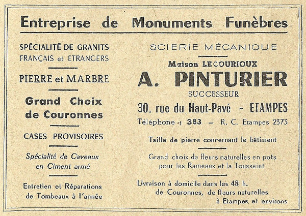 Réclame pour l'entreprise de monuments funèbres d'André Pinturier, marbrier à Étampes (30 rue du Haut-Pavé, ...1958...)