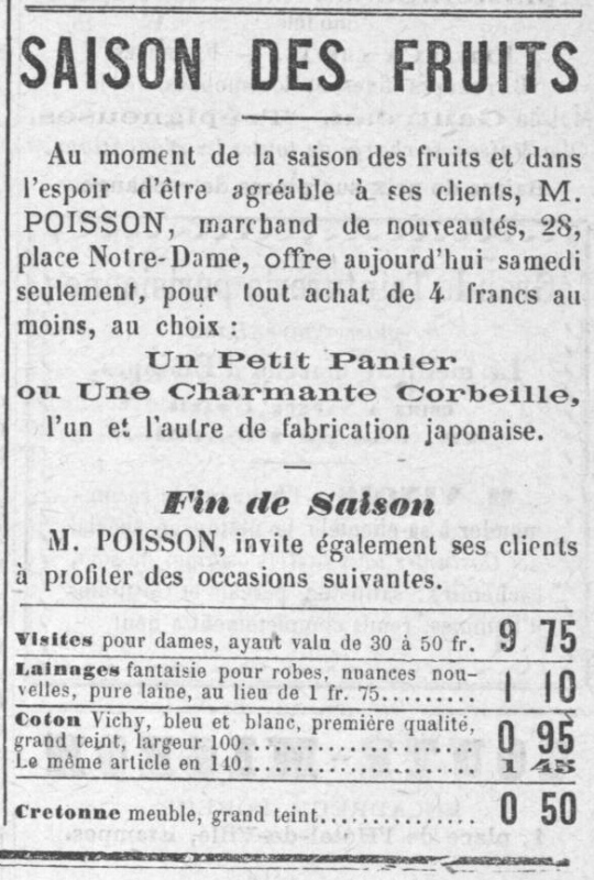 Réclame pour la Maison Poisson à Etampes en 1888