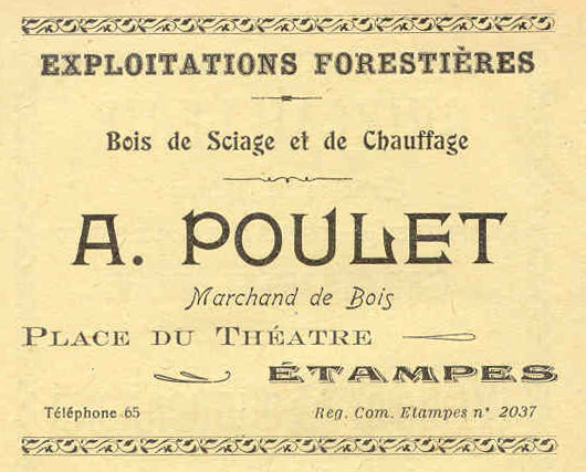 Réclame pour le négoce de bois d'A. Poulet à Etampes en 1925