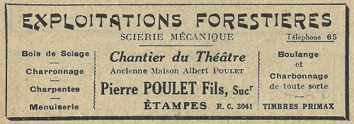 Réclame pour le négoce de bois de Pierre Poulet à Etampes en 1925