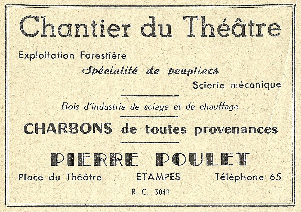 Réclame pour le négoce de bois de Pierre Poulet à Etampes en 1925