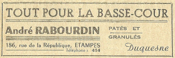 Réclame pour la graineterie d'André Rabourdin à Etampes en 1958