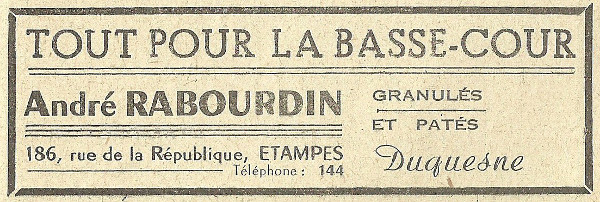 Réclame pour la graineterie d'André Rabourdin à Etampes en 1958