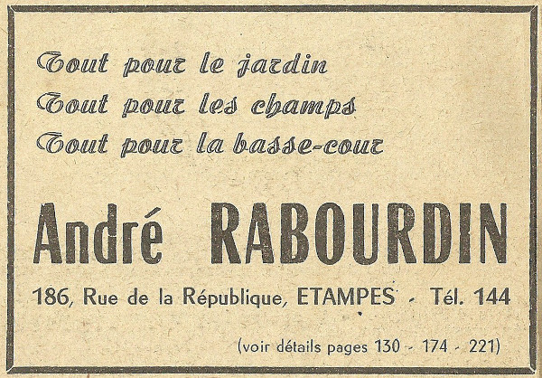 Réclame pour la graineterie d'André Rabourdin à Etampes en 1958