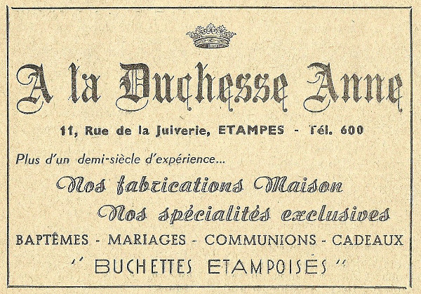 Réclame pour le commerce de Solange Rachelsberg à Etampes en 1958