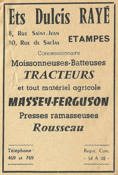 Réclame pour les établissements Dulcis Rayé à Etampes tenu par Pierre Ramus en 1958