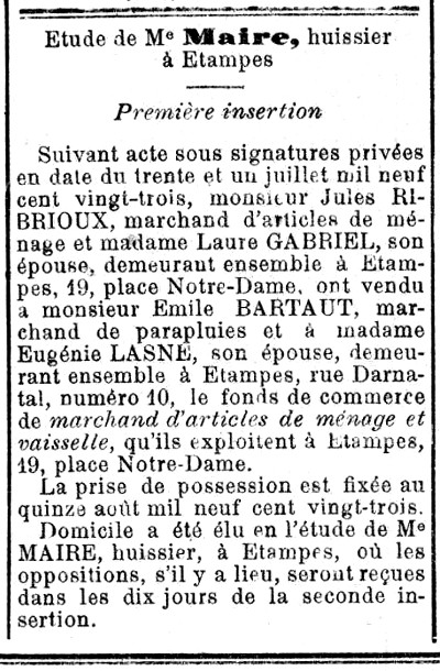 Annonce dans l'Abeille d'Etampes du 11 août 1923