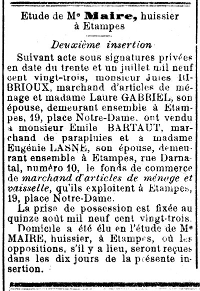 Annonce dans l'Abeille d'Etampes du 25 août 1923