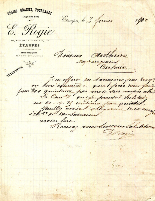Lettre à entête de la graineterie d'E. Rogie (1900)