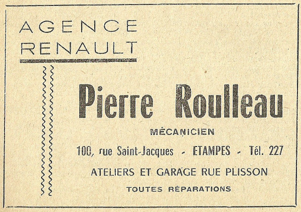 Réclame pour l'agence Renault de Pierre Roulleau à Etampes en 1958