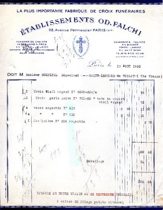Facture des établissements Falchi (1933)