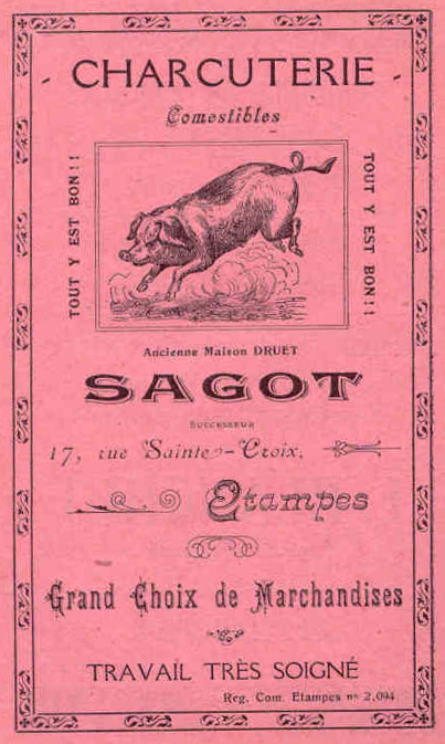 Réclame pour la charcuterie Sagot à Etampes en 1925