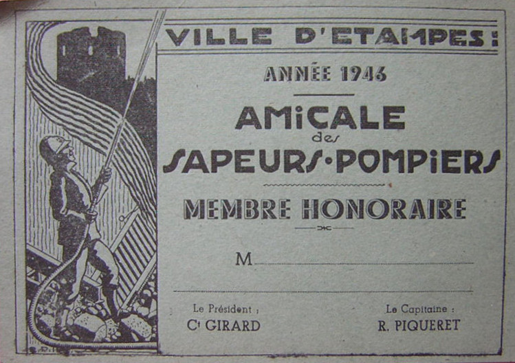 Menu d'un banquet des sapeurs pompiers d'Etampes en 1955