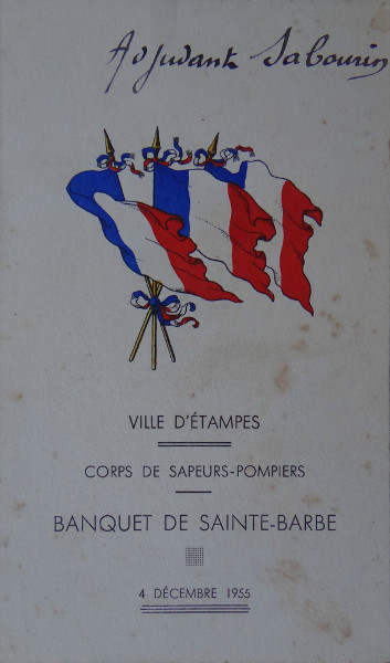 Menu d'un banquet des sapeurs pompiers d'Etampes en 1955
