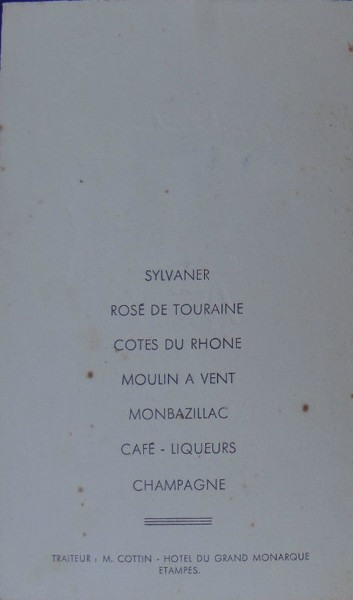 Menu d'un banquet des sapeurs pompiers d'Etampes en 1955