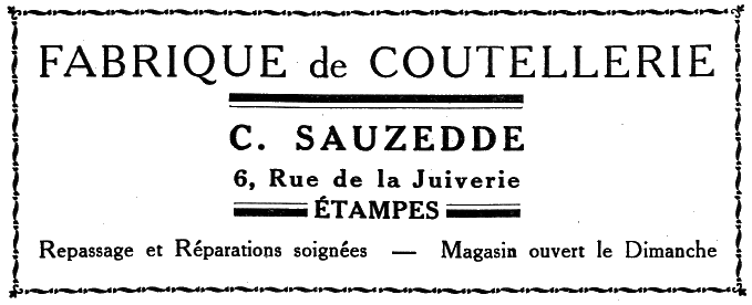 Réclame pour la coutellerie Sauzedde à Etampes en 1936