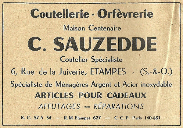 Réclame pour la coutellerie Sauzedde à Etampes en 1958