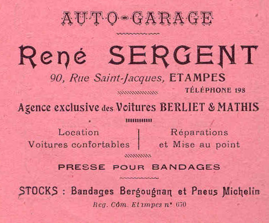 Réclame pour le garage Sergent à Etampes en 1925