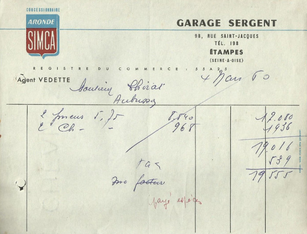 Facture des établissement Sergent à Etampes en 1960