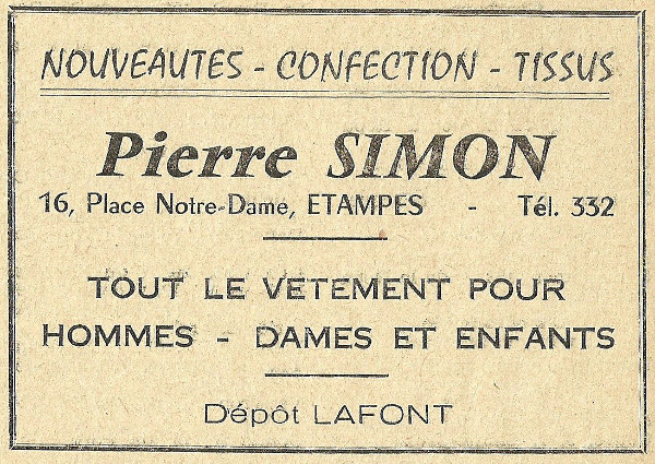 Réclame pour Pierre Simon, tailleur à Etampes en 1958