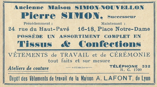 Réclame pour Pierre Simon, nouveautés-confection à Etampes en 1935