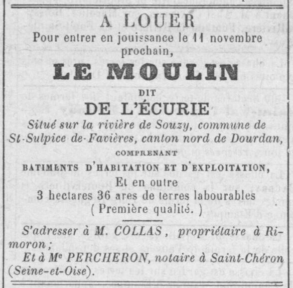 Annonce Moulin de l'Ecurie (Souzy-La-Briche, 1888)