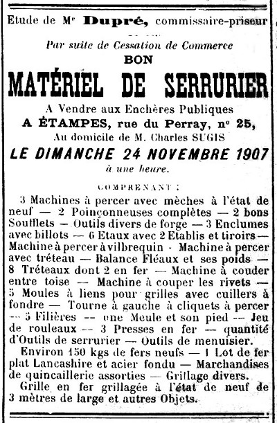 Vente par Charles Sugis de son matériel de serrurerie en 1907