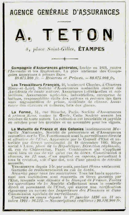 Réclame pour A. Teton, assureur à Etampes, 1902