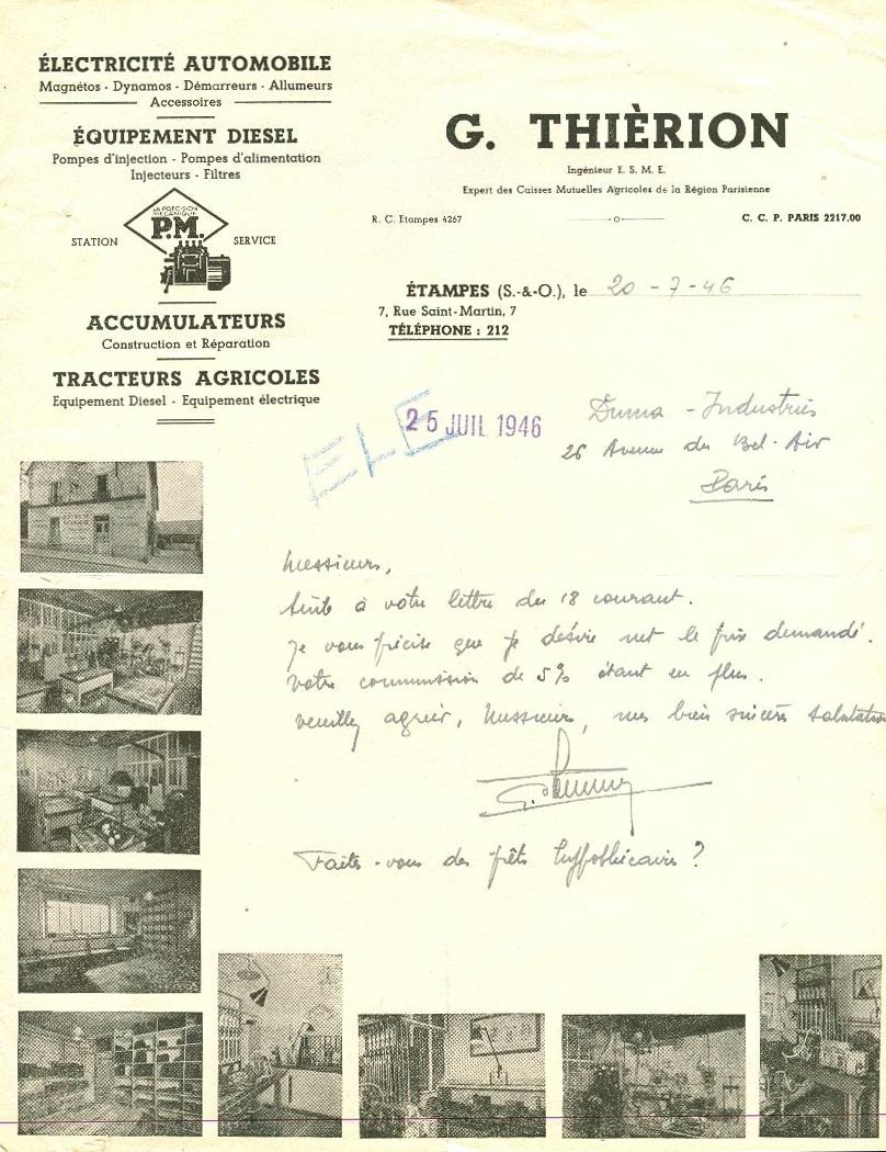 Etablissement Thierion &agrave; Etampes (facture, 1946)