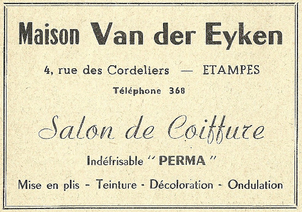 Réclame pour le salon de coiffure de Noël Van der Eyken à Etampes en 1958
