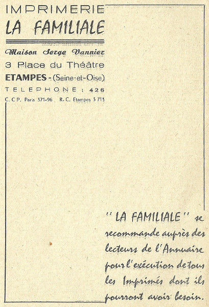 Réclame pour l'imprimerie La Familiale tenue par Serge Vannier à Etampes en 1958
