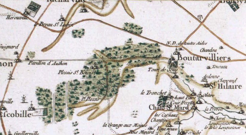 Le Plessis-Saint-Benoist sur la carte de Cassini (milieu du XVIIIe si&egrave;cle)