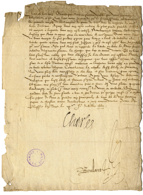 Lettre de Charles IX aux Etampois (9 octobre 1569)