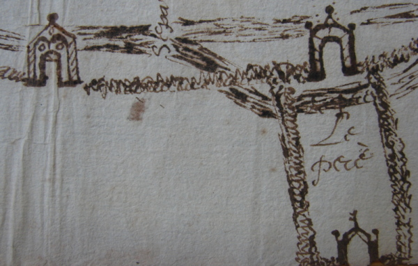 Extrait inédit d'un plan d'Etampes au XVIIe siècle: les portes Saint-Fiacre, Saint-Pierre et Jaune (cliché Bernard Gineste)